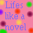 A static digital image with pink and black backgrounds displaying blue text fragments, colorful pixelated dots on the top-left, and a partially visible curled corner effect.