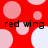 Red background with pink and white circles; black text 'red wing' repeated four times in two