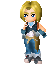 Pixelated character with blonde hair and blue eyes in various poses holding a brown object against gray background.