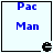 Blue 'Pac Man' text above a black Pac-Man mouth icon on light blue background, with one frame showing the mouth open and another closed.
