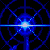 A pixelated blue and white abstract symbol with radiating lines on a black background, featuring central brightness and symmetrical geometric patterns.