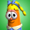 Pixelated cartoon character with orange body, yellow hair in pigtails, blue bow, and white collar on green background.