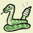 Animated green snake with white underbelly coiled on a light background, head turning left to right while tail emits small blue sparkles.