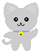 Pixelated gray cat with black eyes and mustache, wearing blue collar with yellow bell, two poses showing different arm and tail positions.