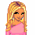 Pixel art contact sheet showing three frames of a cartoon character with blonde hair, pink top, and gray pants alongside repeated text "hott stuff" in alternating colors.