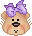 Six pixelated bear faces with purple bows, each showing distinct mouth and eye expressions against a gray background.