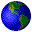 Pixelated globe animation showing Earth's rotation with blue oceans, green and brown landmasses, and visible continents