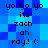 Pixelated blue background with repeated text elements in black pixel font, including 'yo yo yo', 'its', 'zach', 'oh', and 'ray.! (:' arranged in vertical