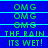 Blue background with green text displaying 'OMG' repeated above and below the phrase 'THE RAIN ITS WET!' in a pattern