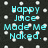 Pixelated cyan text on dark background with scattered white dots, reading 'Happy Juice Made Me Naked.'