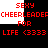 Red pixelated text on black and white background reads SEXY CHEERLEADER FOR LIFE <3333 repeated in two mirrored sections with a central white rectangle.