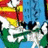 Pixelated static image of a character with red and yellow hair, white face, black eyes, blue background, green lower body, and white accents.
