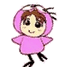 Two identical cartoon characters in pink hooded outfits with brown hair, black eyes, and smiling expressions, standing against a gray background.