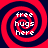 Four identical spiral patterns with red and dark blue concentric rings, each containing white pixelated text reading 'free hugs here' in a curved arrangement.