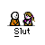 Animated contact sheet of 16 pixel-art frames showing two cartoon characters in various interactions with speech bubbles and repeated text labels beneath each frame.