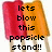 Pixelated image of two popsicles with red and orange bodies on wooden sticks, overlaid with black pixel-art text reading 'lets blow this popsicle stand!!'