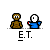 Animated contact sheet of pixel art buddy icons featuring two cartoon characters with brown and blue bodies, showing sequential actions like pointing, hand-holding, speech bubbles, and text changes across 14 frames.