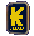 Animated sequence of a yellow 'K' symbol on dark blue background with 'K' text below, rotating through multiple angles against light brown backdrop.