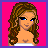 Pixelated image of a woman with long brown hair, blue eyes, and a white strapless top against a bright pink background.