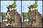 Pixel art animation of a character in green overalls and hat walking left to right across three of stone blocks with blue sky background
