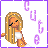 Pixel art contact sheet showing five animated frames of a blonde cartoon girl with closed eyes and white top, surrounded by purple "cutie" text on white background with purple border.