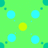 Pixelated green background with five circular shapes: four light blue circles and one central yellow circle, all rendered in low-resolution style.