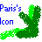 Pixelated green cactus-like figure with blue text reading 'Paris's Icon' on white background.