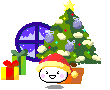 Pixel art animation of a cartoon character in Santa hat with Christmas tree, gifts, and window background across six frames.