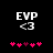 Two side-by-side pixelated images display 'EVP' text above '<3', with pink and purple heart symbols below on a black background.