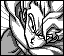 A black-and-white animated sequence of a muscular character with spiky hair in various poses, including close-ups and full-body views.