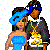 Pixelated cartoon figures in a couple pose with blue text reading GHETTO LUVIN on a cyan background.