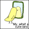 A yellow cartoon bird stands beside a green-framed mirror reflecting its own image, with text below reading 'My, what a cute bird.'