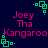 Pixelated text 'Joey Tha Kangaroo' in pink on dark blue background with green square corner decorations.
