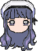 Pixel art character with long purple hair, white headband, and changing mouth expressions across frames.