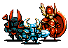 Three pixel-art characters stand side-by-side: a dark armored figure with red horns, a blue-armored character with white crescent horns, and a red-armored warrior holding a shield.