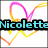 Animated icon with a white background featuring a heart-shaped outline in pink, orange, and yellow lines. Text changes from "Nicolette" to "loves" then "YOU!".