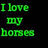 Green text reads 'I love my horses' on black background, with two horse images: one of a rider in water and another of a horse's head at the gate.
