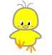Yellow cartoon chick with orange beak and feet, two antennae on head, black eyes with white highlights, pink cheeks, gray outline against light gray background.