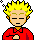 Pixelated character with spiky yellow hair, closed eyes, and red shirt, shown in two nearly identical frames with minor pixel differences.
