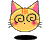 A 4-frame pixel art animation of a cartoon cat face with swirling eyes, pink ears, and orange stripes on its head, displayed in a 2x2 contact sheet against a gray background.