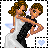 Pixel art animation of a couple dancing in wedding attire with text and decorative elements on a transparent background.