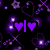 Pixelated buddy icon with multiple text elements and symbols on a black background, featuring purple hearts, blue stars, and cyan/blue text.