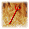 Red trident on textured brown background with subtle pixelated edges.