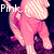 Pixelated pink cartoon figure with braided hair, wearing a long dress and shoes, standing against dark purple background.
