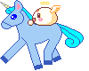 Pixel art of a light blue unicorn with cyan mane and tail carrying a small winged creature on its back, shown in four walking poses against gray background.