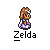 Two pixel art frames of a female character with brown hair and purple-and-white clothing labeled "Zelda" on gray background.