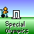 Pixelated animation of a person in a wheelchair pushing a ball, with text 'Special Olympics' below on green background.
