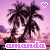 Pixelated beach scene with palm trees and sunset sky, two versions of the name 'amanda' in stylized text below, one version with a purple heart above.