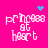 Pixelated text 'princess at heart' on bright pink background with blue pixel art symbols above each instance.