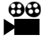 Two film reels with four circular holes each, positioned above a black video camera silhouette on gray background.
